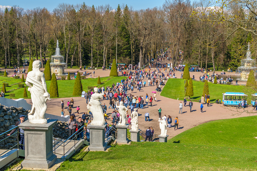 Открытие сезона в Петергофе. Много туристов гуляет по Нижнему парку Петергофа, с фонтанами